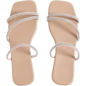 Gorglitter Womens 7.5 Tan Pink Rhinestone Open Toe Slide On Flat Sandal Shoes